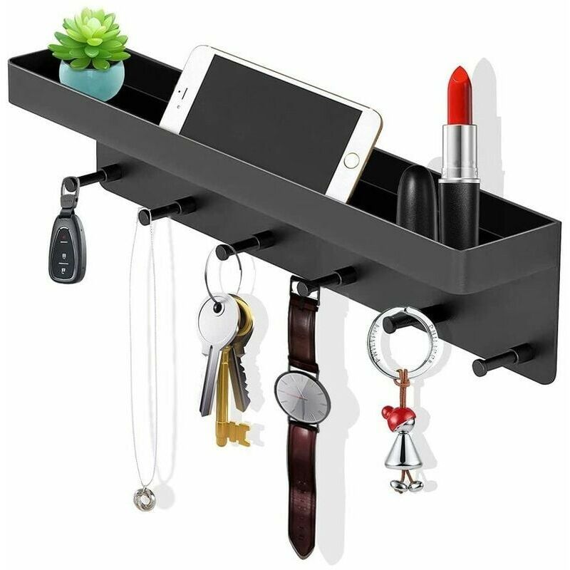 Dpzo - Porte clef mural,Patère à 6 crochets muraux pour clés, Noir Mat Patères Porte Manteaux Crochet Mural