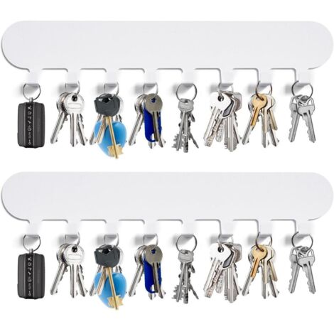 Porte-clés 2 pièces - Installation sans perçage - 8 crochets - Barre porte-clés autocollante - Fixation murale - Convient pour les couloirs, portes d'entrée, garages, salles de bain, cuisines - Blanc
