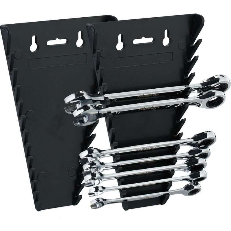 Support pour clés plates, lot de 2, magnétique, 12 emplacements, porte-outils, clé fourche 6-24 mm, abs, noir - Relaxdays