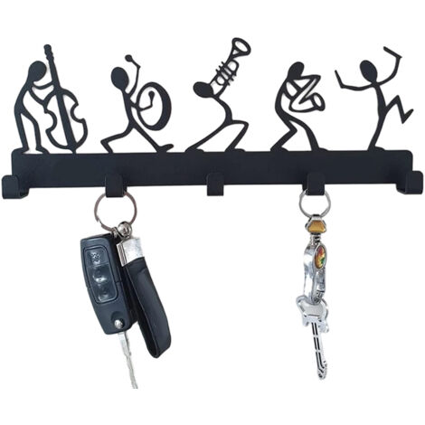 Porte-Clés Adhésif Murale Type C avec Support et Organiseur Métal Noir 24x10cm Max 5kg pour Entrée Déco
