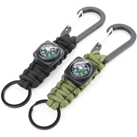 Porte-Clés avec Boussole et Mousqueton pour Randonnée et Camping (2 Pcs, Noir + Vert Foncé)