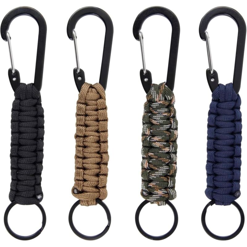 Porte-clés en paracorde avec mousqueton - Lot de 4 chaînes tressées pour couteau, clés, plein air, camping, pêche, sac à dos