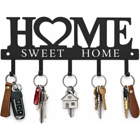 Porte-Clés Mural - 5 Crochets Métalliques en Fer - Design Silhouette Sweet Home avec Cœur - Noir Mat - 25 cm - Fixations Incluses