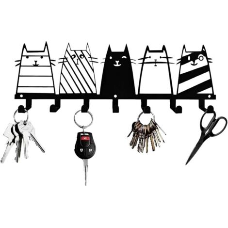 Porte-clés mural, accroche-clés murale, porte-clés mural multifonctionnel noir, porte-clés mural en métal avec 7 crochets, adapté aux chambres, entrées et garages (Chat)