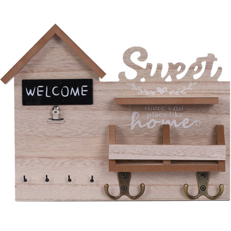 [Porte-clés mural décoratif] [23.8x29x6cm] en bois à suspendre, porte de derrière, pour rangement de clés et messages