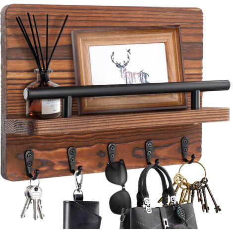 Porte-clés Mural en Bois avec 5 Crochets, Accroche Clef Mural avec Étagère pour Courrier, Clés, Lettres, Journaux, Support Clef Mural, Rangement Clef Mural pour Couloir, Entrée, Bureau