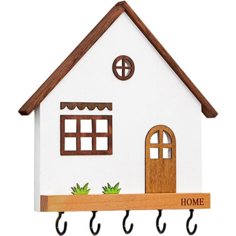 Porte-clés mural en bois en forme de maison, 5 crochets pour clés, rangement mural pour entrée, couloir, chambre