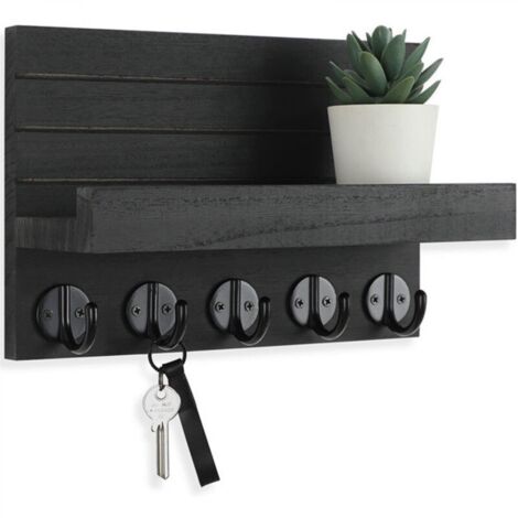 Porte-clés mural, petit organisateur mural en bois de 21,5 cm avec 4 crochets et une étagère, décoration murale pour salon, entrée ou cuisine (noir)