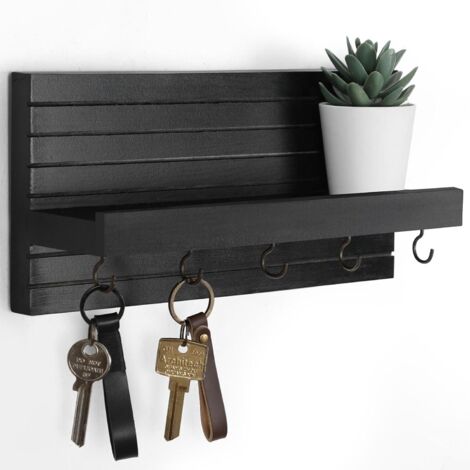 Porte-Clés Murale avec Étagère - Bois Naturel et Crochets Métalliques - Pour Entrée, Couloir ou Vestibule - Noir - Taille Moyenne