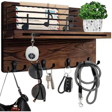 Porte-Clés Murale - Avec Étagère et 4 Crochets Doubles en Métal - En Bois Massif Naturel - Pour Clés, Laisse Chien, Lunettes de Soleil, Sac - Design Note Musicale