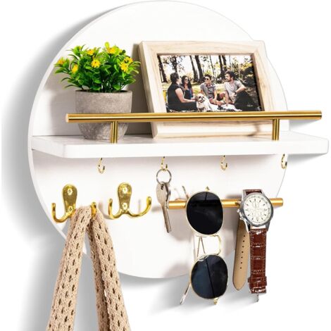 Porte-Clés Murale - Avec Étagère Flottante et Crochets Métalliques - Pour Entrée Bureau Cuisine Garage - Bois de Paulownia Naturel - Blanc