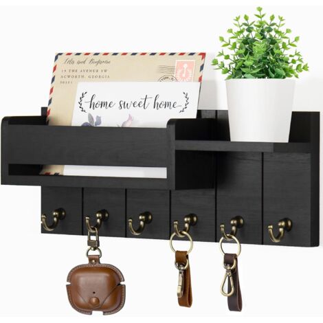 Porte-clés Murale - Porte-clés en Bois avec Étagère et Trieur de Courrier - 6 Crochets - Pour Entrée Salle de Séjour Cuisine Bureau - 1 Pièce