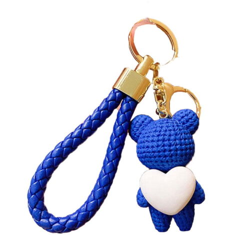 Porte-clés Ours Tissé Bleu avec Cœur Pêche, Pendentif Cartoon pour Sac et Clés