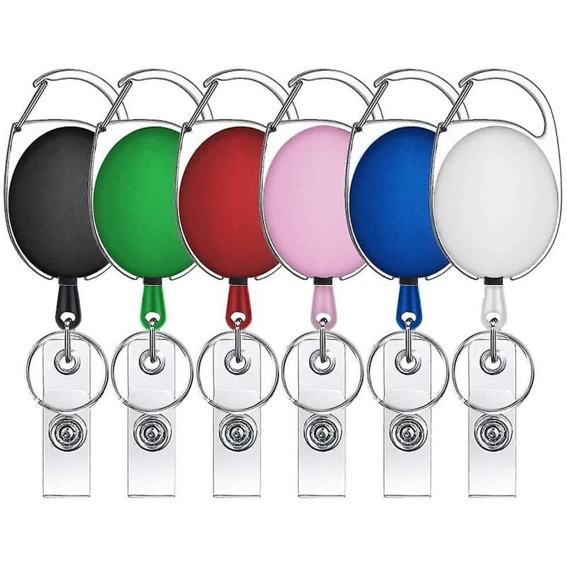 Porte-clés rétractable avec mousqueton et clip pour badge, différentes couleurs de 6 pièces