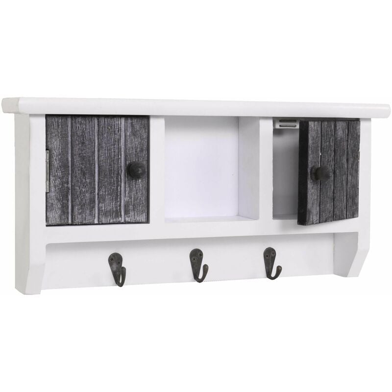 Porte-clés meuble d'entrée mural avec portes et étagère en bois massif gris-blanc vieilli 040003588