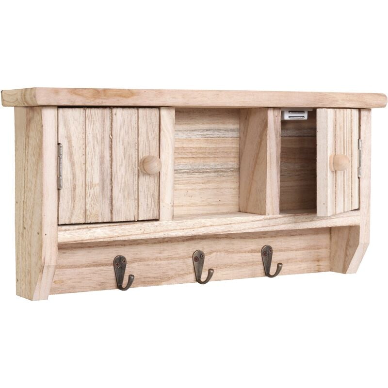 Porte-clés mural avec portes étagère crochets en bois de paulownia nature 040003589