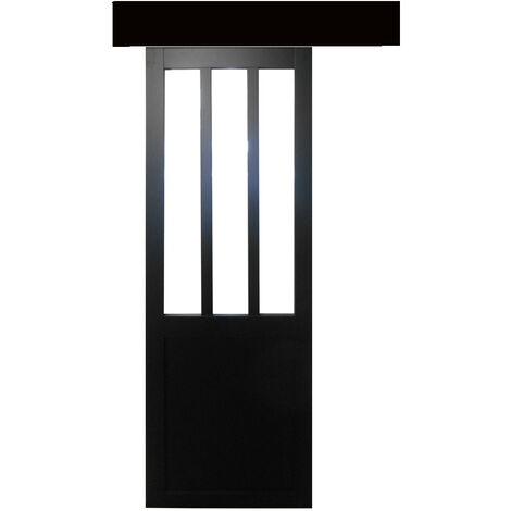 Porte Coulissant Atelier Noir Vitrage Transparent H204 x l73 avec Rail Bandeau Noir et 2 Coquilles GD MENUISERIES