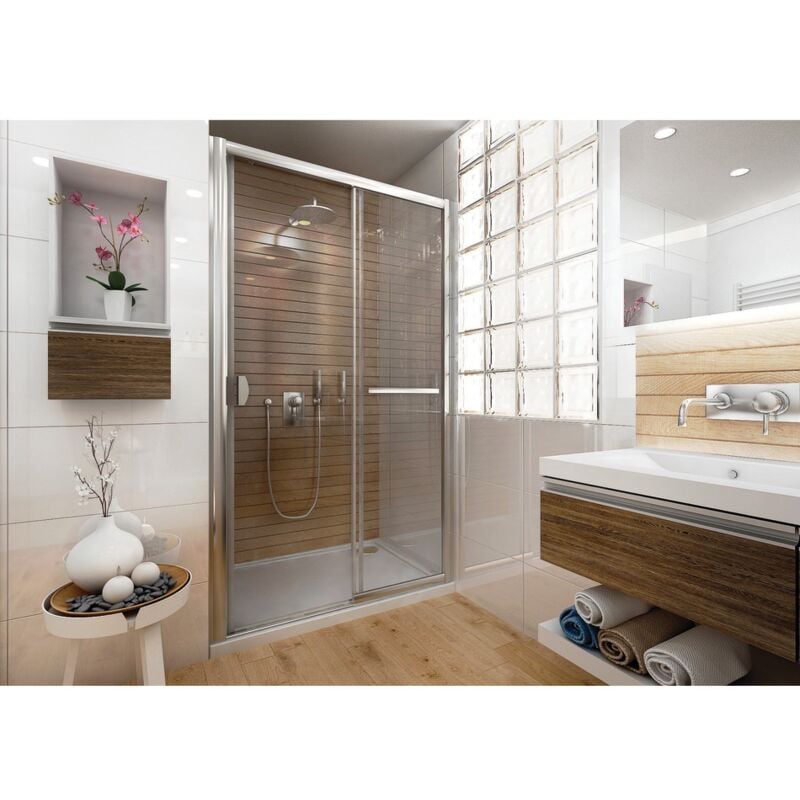Porte coulissante droite, 2 éléments sans seuil ANCOSMART en verre Sécurit transparent 6 mm, 120x200 cm, profil argent poli brillant