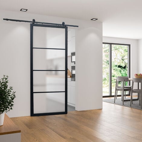Porte coulissante 90 x 215 cm porte en verre satiné système ouvert , décor industriel
