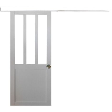 Porte Coulissante Atelier Blanc H204 X L73 + Rail Alu Et 2 Coquilles