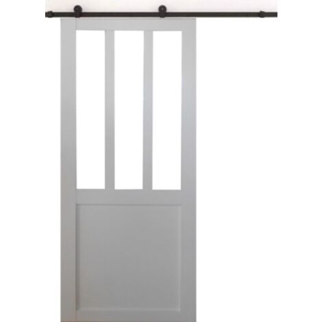 Porte Coulissante Atelier Blanc H204 X L93 + Rail À  Roulettes Noir