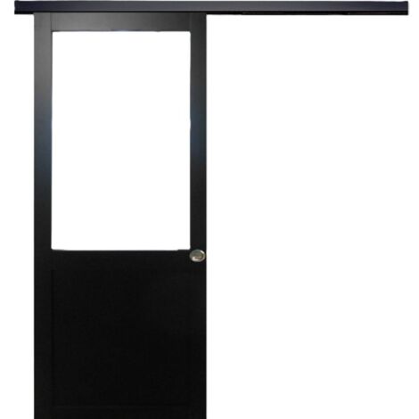Porte Coulissante Atelier Noir H204 X L73 Sans Meneau + Rail Alu Bandeau Noir Et 2 Coquilles