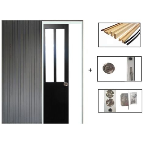 Porte Coulissante Atelier Noir H204 X L73 + Systeme De Galandage Et Kit Finition Inclus