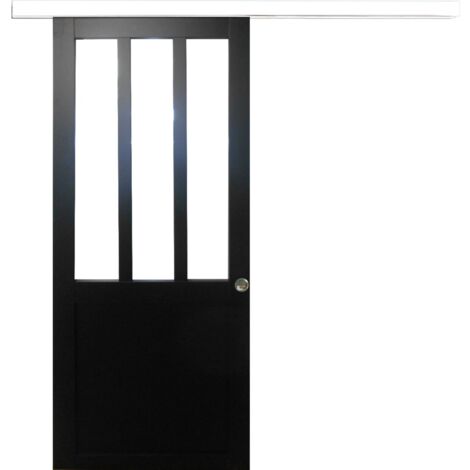 GD MENUISERIES Porte Coulissante Atelier Noir H204 X L93 + Rail Alu Bandeau Blanc Et 2 Coquilles