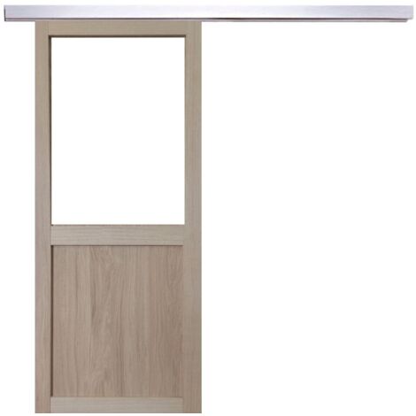 Porte Coulissante Atelier placage chene Vitree H204 x L73 + Rail Alu