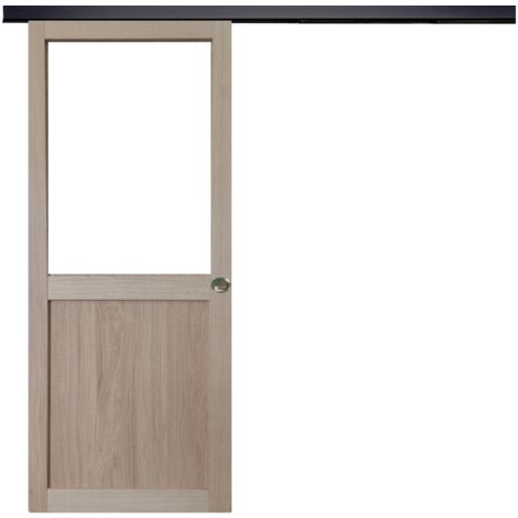 Porte Coulissante Atelier placage chene Vitree H204 x L73 + Rail Alu bandeau noir et 2 Coquilles