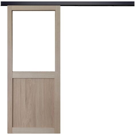 Porte Coulissante Atelier placage chene Vitree H204 x L83 + Rail Alu bandeau noir