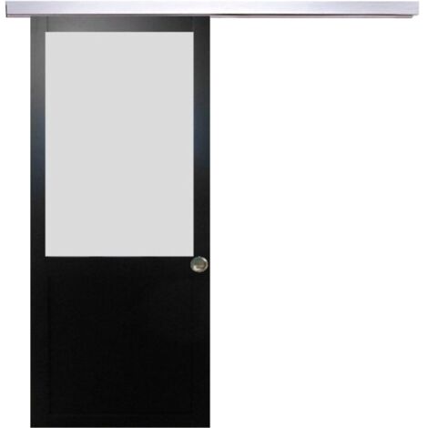 Porte Coulissante Athena Noir H204 X L83 + Rail Alu Et 2 Coquilles