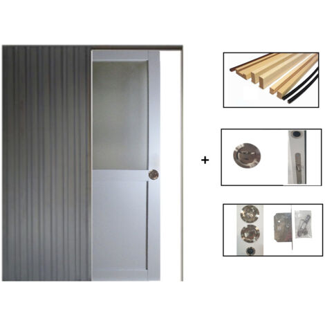 Porte Coulissante Athena Ral7035 Vitrée H204 X L83 + Systeme De Galandage Et Kit De Finition Inclus