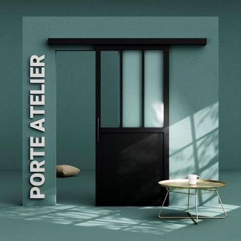 Porte Coulissante avec Rail - Atelier Noire 83 cm - Avec poignée