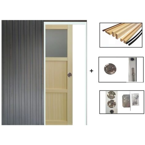 Porte Coulissante Ayous 2 Panneaux + 1 Vitrage H204 x l.83 + Système a Galandage + Kit finition inclus GD MENUISERIES - naturel-10