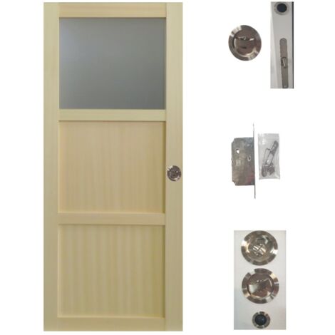 Porte Coulissante bois Ayous 2 Panneaux + 1 Vitrage H204 x L73 + serrure a condamnation