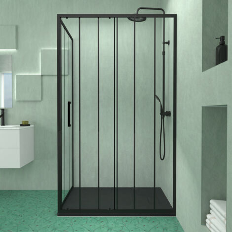 porte coulissante et retour avec sérigraphie noire 120x80x200cm + receveur en smc noir effet pierre