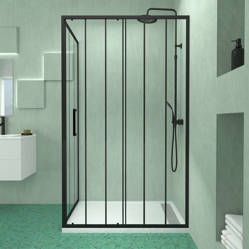 Aurlane - Porte Coulissante et Retour avec Sérigraphie Noire 120x80x200 cm + Receveur Blanc Effet Pierre