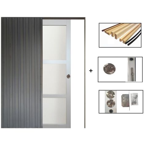 Porte Coulissante Greyria Gris Clair Ral7035 Vitree H204 X L93 + Systeme De Galandage Et Kit Finition Inclus