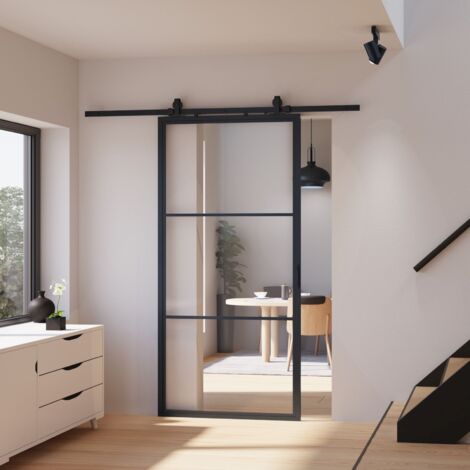 Porte coulissante intérieure en verre, 102 x 220 cm, décor Loftstyle noir porte verrière