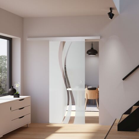 Porte coulissante intérieure en verre Inova, 88 x 203 cm, porte vitrée décor vagues, 3 poignées différentes, fermeture Softclose en option - Poignée bouton + double amortisseur Softclose