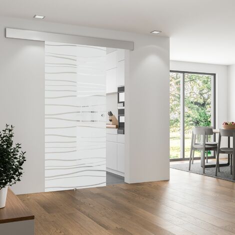 Porte coulissante intérieure Inova, 75 x 203 cm, verre de sécurité décor mistral, 3 poignées différentes, fermeture Softclose en option