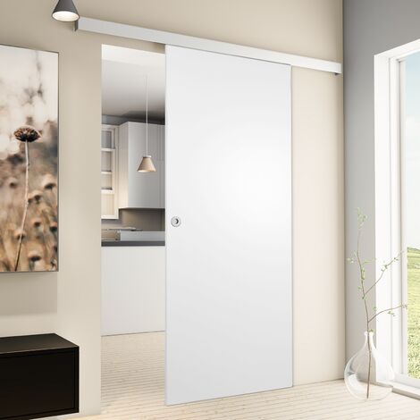 Porte coulissante intérieure Inova, 88 x 203 cm, bois blanc, 2 poignées différentes, fermeture Softclose en option