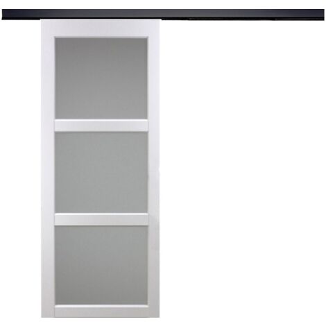 Porte Coulissante Kenya Blanc Vitrée H204 X L93 + Rail Alu Bandeau Noir