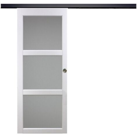 Porte Coulissante Kenya Blanc Vitrée H204 X L93 + Rail Alu Bandeau Noir Et 2 Coquilles