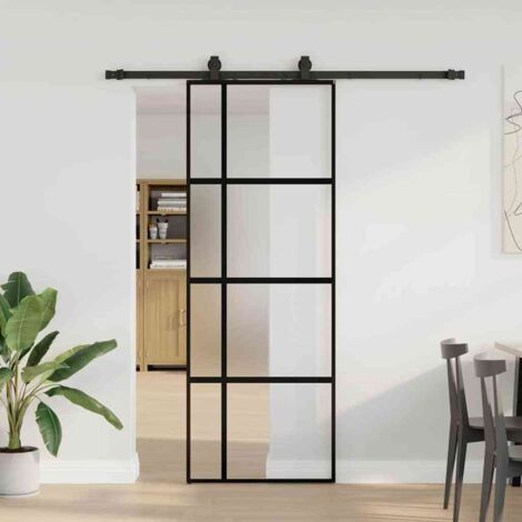Porte coulissante kit quincaillerie-Porte intérieure avec kit de montage complet noir 76x205 cm verre trempé 247053