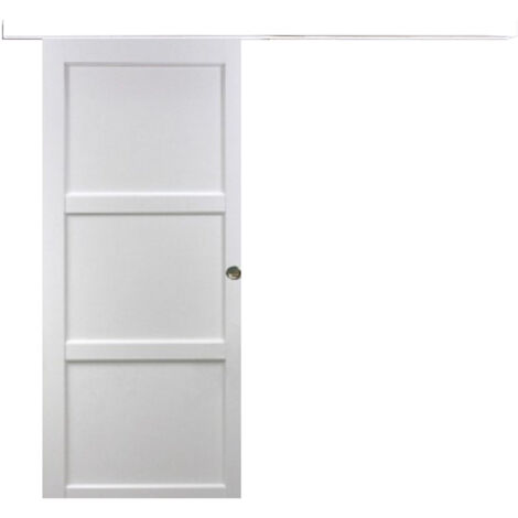 Porte Coulissante Korya Blanc 3 Panneaux H204 X L93 + Rail Alu Bandeau Blanc Et 2 Coquilles