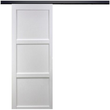 Porte Coulissante Korya Blanc 3 Panneaux H204 X L93 + Rail Alu Bandeau Noir