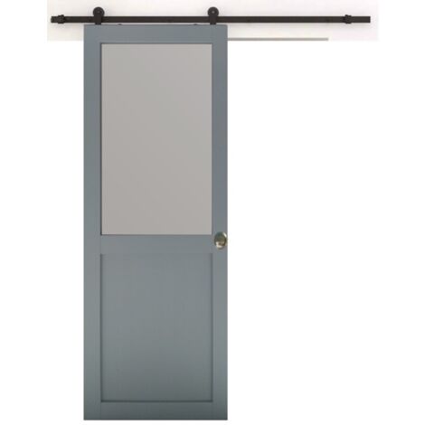 Porte Coulissante Modele Athena Style Atelier En Enrobe Gris Clair Largeur 73 + Rail En Acier Noir + 2 Coquilles Posees - gris_clair-12
