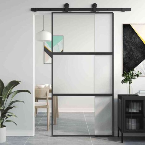 Porte Coulissante-Porte intérieure noir 102,5x205 cm verre trempé aluminium 107607